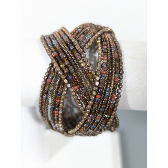Boho Western Bronze Tone Glass Bead Braided Wide Cuff Bracelet 6.5" - Picture 1 of 6